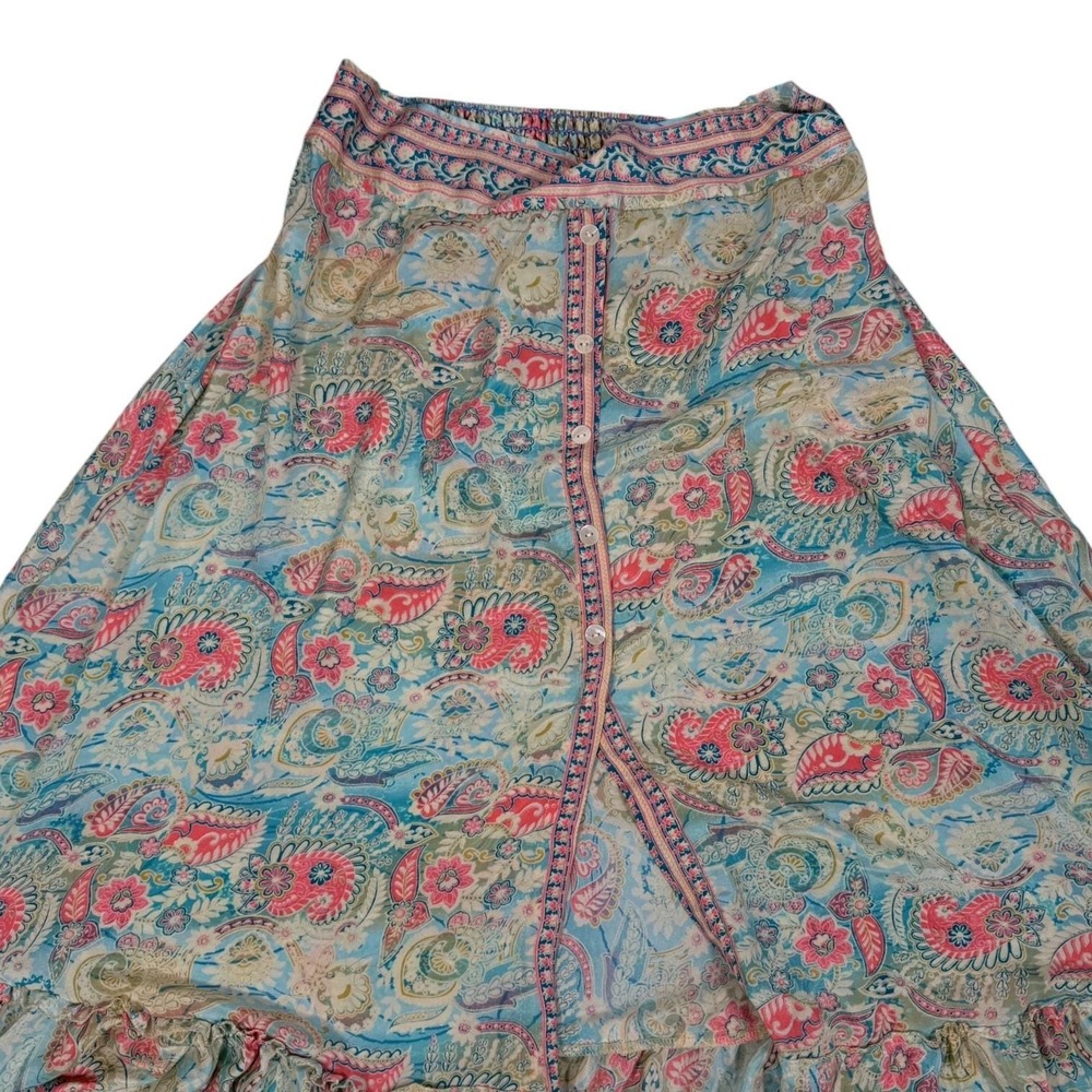 Vintage Paisley Maxi Skirt Womens Free Size Blue Pink Button Front Boho Slit - Picture 5 of 9